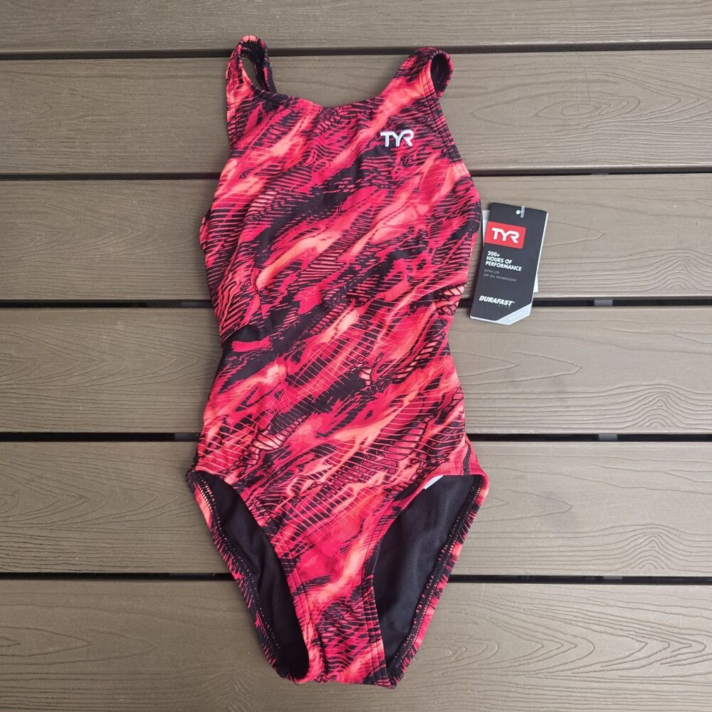 TYR Durafast Maxfit Cadence 1pc Swimsuit - Red/black Youth Girls Size 22 New